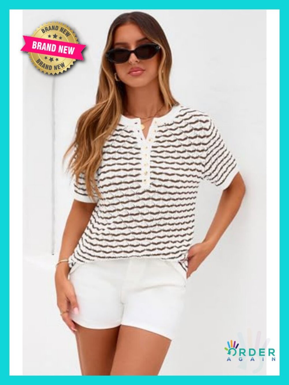 PRETTYGARDEN Womens Summer Striped Short Sleeve Sweater Button Henley Top - Picture 2 of 6